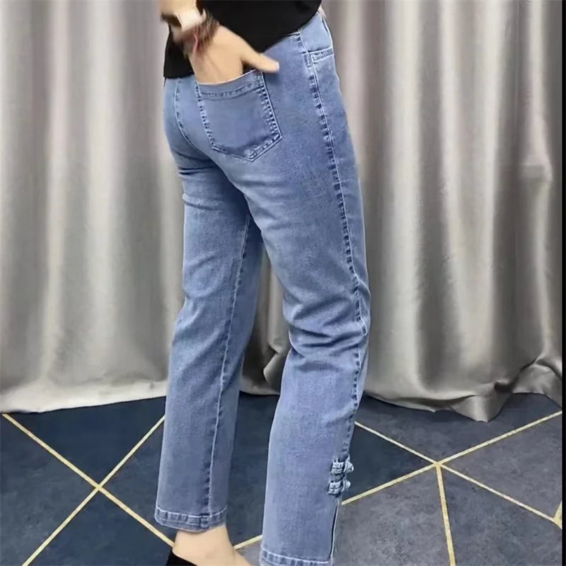 Elegant Korean loose straight ankle-length denim pants for women with high elasticity, perfect for casual spring summer styles.