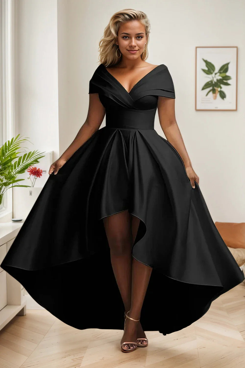 Floor-length pleated A-line evening dress for women, designed with a tasteful V-neck and short sleeves, exuding luxury and style.