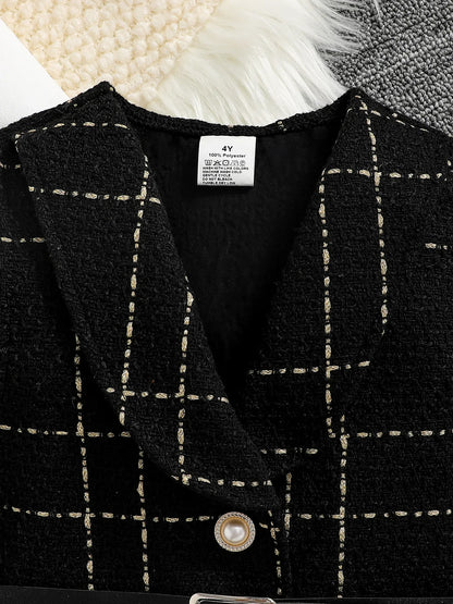 Elegant girls' 2-piece ceremonial dress set featuring a solid crew neck top paired with a stylish plaid skirt, perfect for ages 4-6.