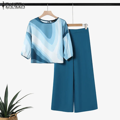 Sophisticated ankle-length wide leg trousers from ZANZEA's summer pant set, crafted from breathable polyester for an effortlessly stylish and comfortable fit.