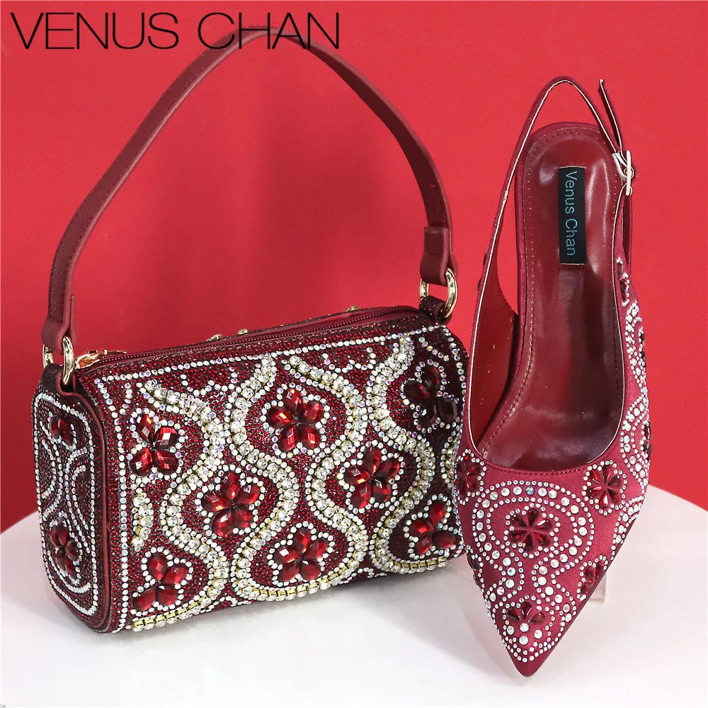 Chic fuchsia high heels paired with a matching bag, perfect for weddings and upscale events, exuding glamour and elegance.