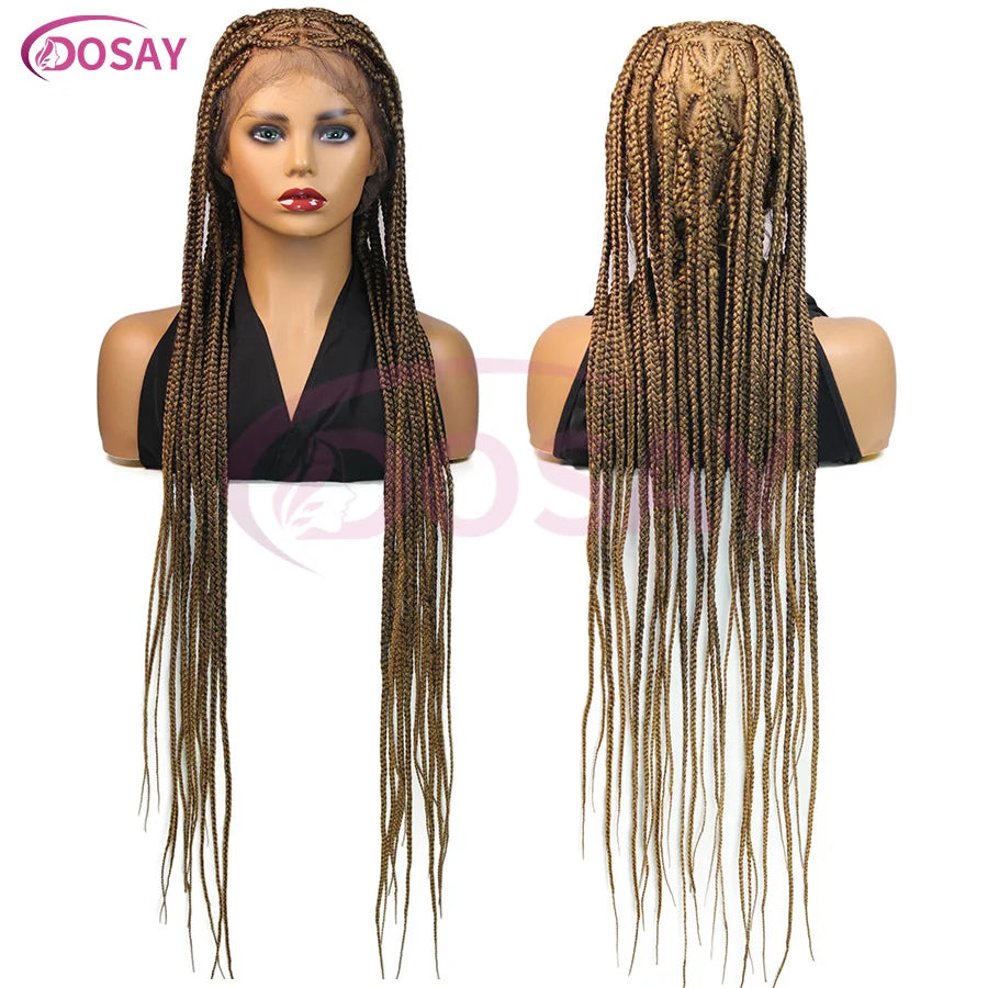 Close-up view of the transparent lace front of the luxury box braids wig, highlighting its delicate craftsmanship and trendy style.