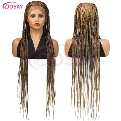 Close-up view of the transparent lace front of the luxury box braids wig, highlighting its delicate craftsmanship and trendy style.