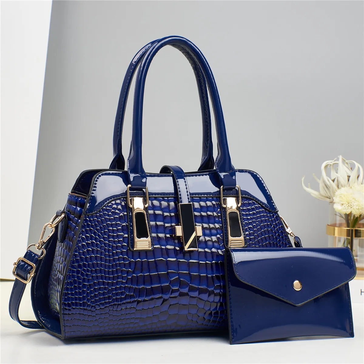 Luxury crocodile textured women's tote bag in vibrant leather, ideal for shopping and commuting, showcasing elegant fashion style.