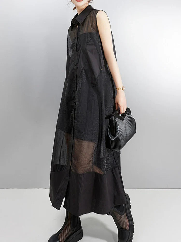 Stylish NYFS loose plus size organya splicing sleeveless casual shirt dress for women, featuring a mid-calf length and elegant A-line silhouette, perfect for summer occasions.