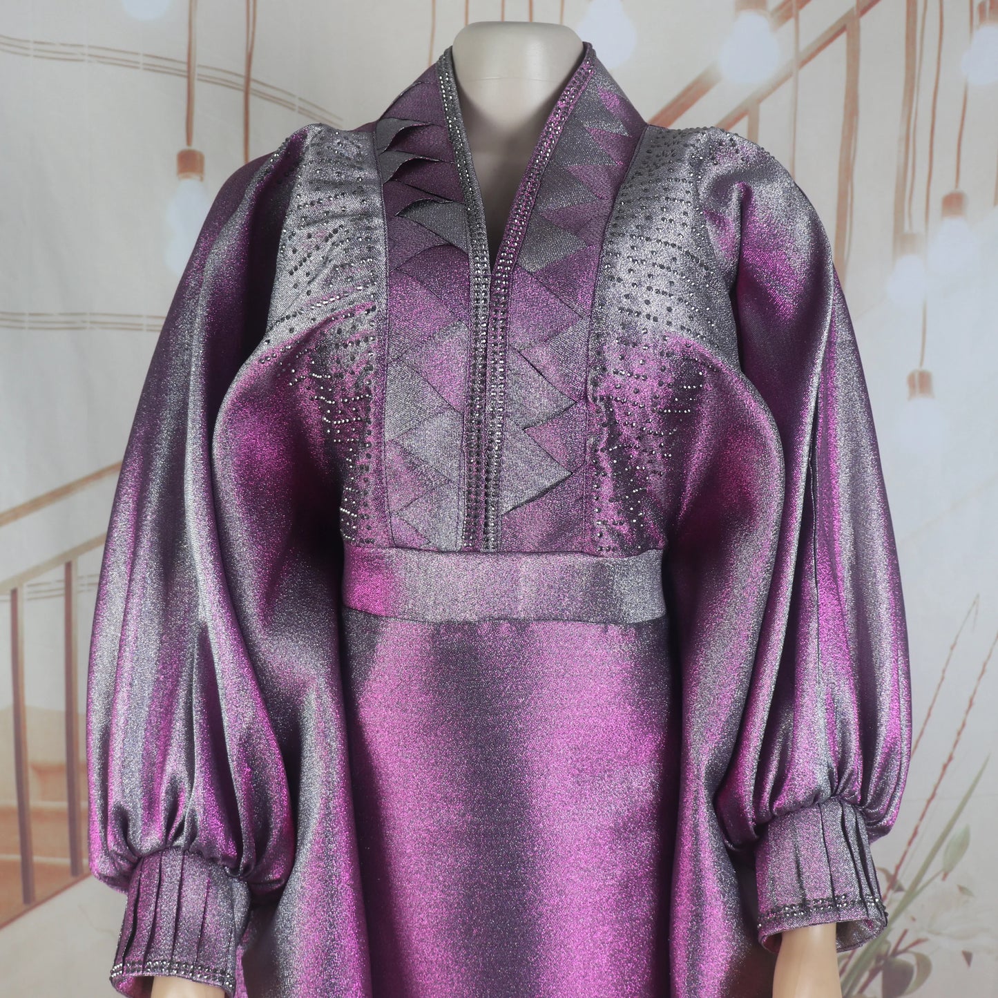 Luxury elegant V-neck rhinestone turkey dress for women, showcasing exquisite African church boubou style design.