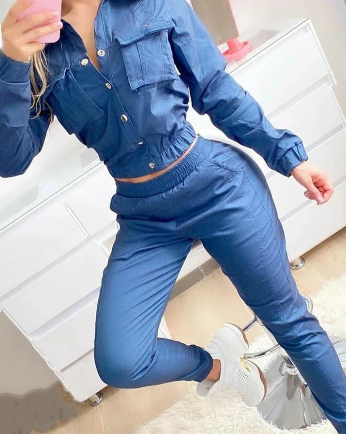Luxurious elegant two-piece denim style tracksuit for women, featuring a long sleeve button pocket shirt and high waist pants, perfect for the discerning office lady in spring and summer.
