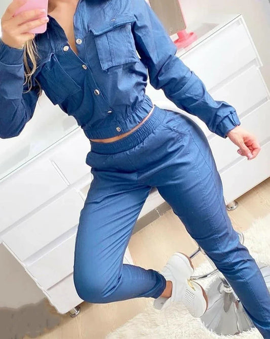 Luxurious elegant two-piece denim style tracksuit for women, featuring a long sleeve button pocket shirt and high waist pants, perfect for the discerning office lady in spring and summer.