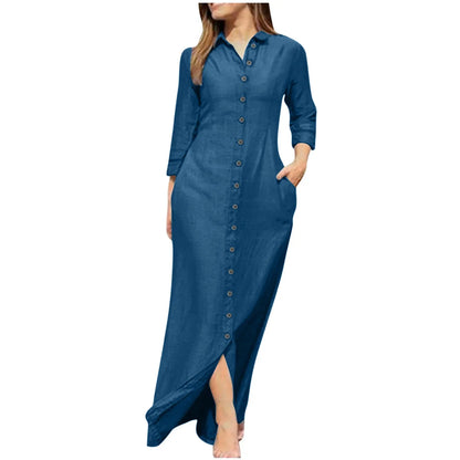 Exquisite ankle-length dress for women, featuring long sleeves and crafted from a premium cotton blend, ideal for office elegance.