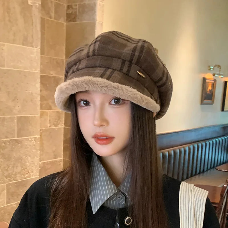 Luxury women's vintage plaid octagonal plush hat in rich colours, perfect for outdoor spring and autumn wear.