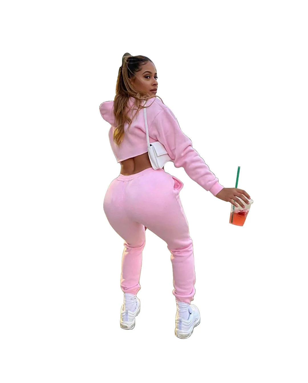 Model showcasing the long sleeve cropped hoodie from the women's luxury pink fleece running set, demonstrating a chic and comfortable fit.