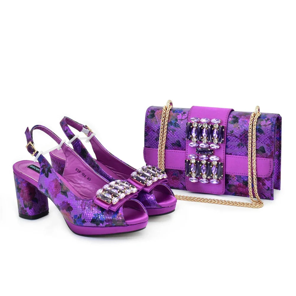 Elegant women's peep toe pumps in gold, adorned with crystal details, paired with a matching bag set, perfect for formal events.