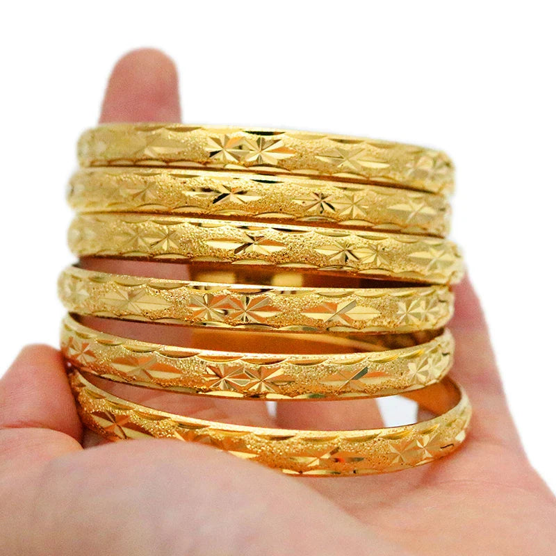 Luxurious 8mm Dubai gold bangles set, featuring 6 exquisite pieces of Ethiopian-style bracelets, ideal for wedding gifts or bridal accessories.