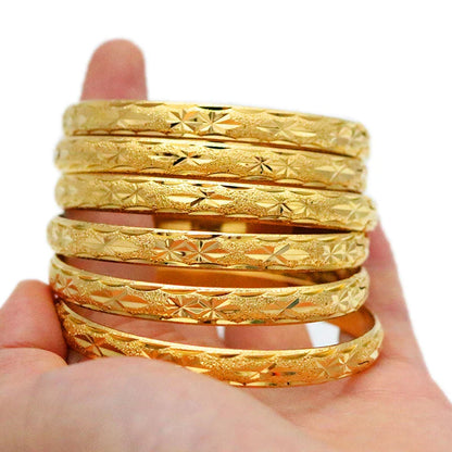 Luxurious 8mm Dubai gold bangles set, featuring 6 exquisite pieces of Ethiopian-style bracelets, ideal for wedding gifts or bridal accessories.