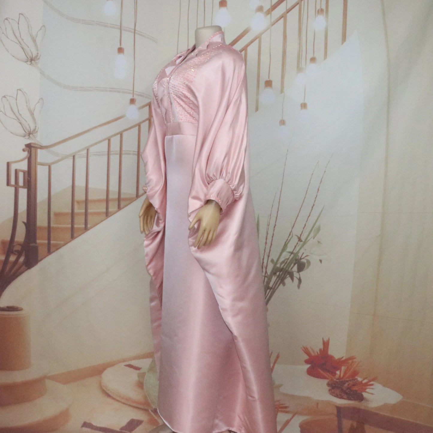 Stunning women's rhinestone turkey dress with a sophisticated V-neck silhouette, highlighting traditional African boubou craftsmanship and luxurious polyester fabric.