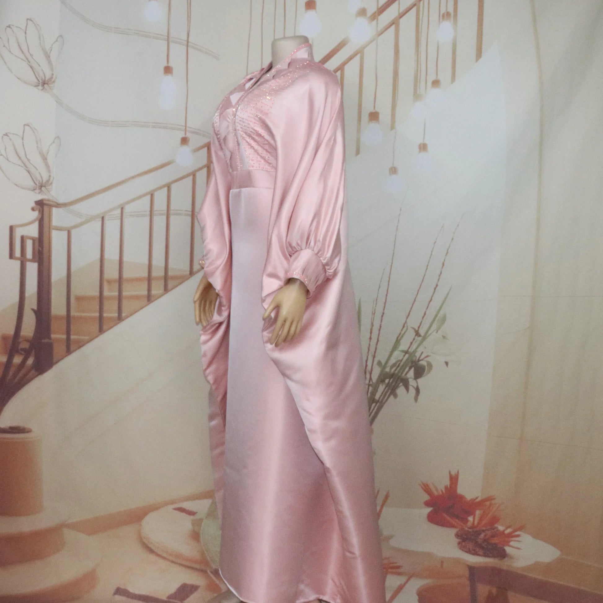 Stunning women's rhinestone turkey dress with a sophisticated V-neck silhouette, highlighting traditional African boubou craftsmanship and luxurious polyester fabric.