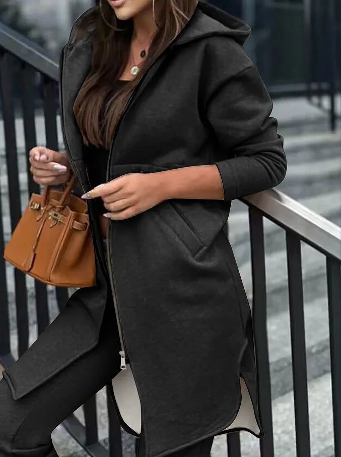 The complete luxury women's tracksuit ensemble featuring a stylish hooded coat and regular fit ankle-length pants for an office-ready appearance.