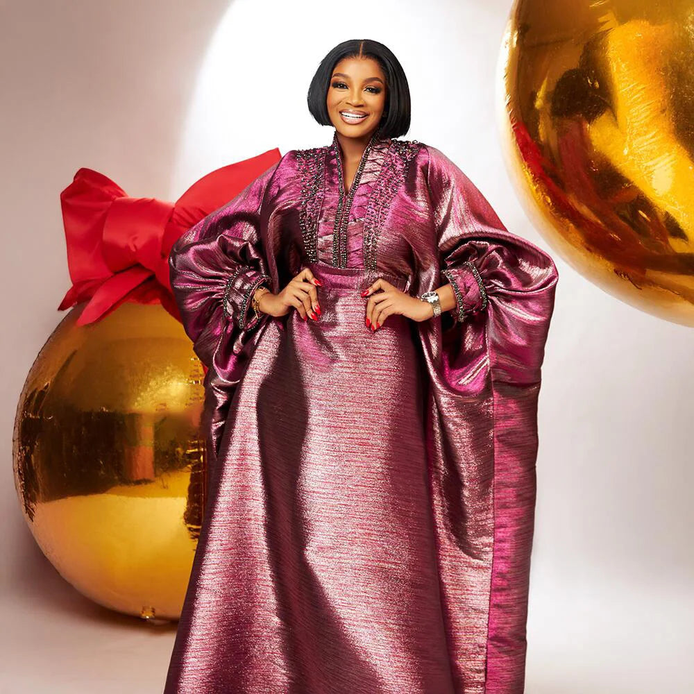 Elegant V-Neck Rhinestone Turkey Dress for Women, showcasing luxurious African Church Boubou style, perfect for special occasions.