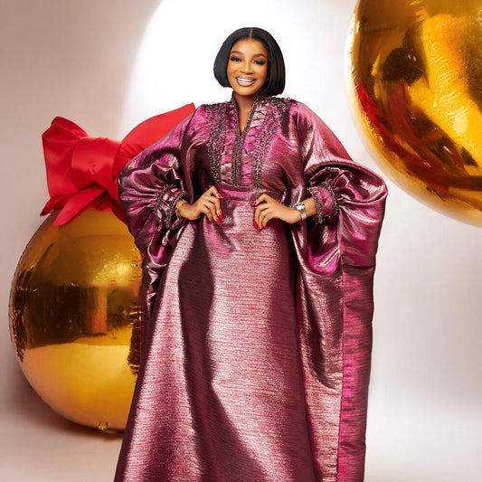 Elegant V-Neck Rhinestone Turkey Dress for Women, showcasing luxurious African Church Boubou style, perfect for special occasions.