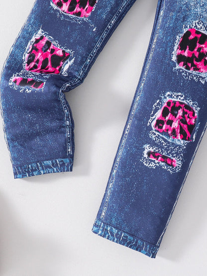 Complete outfit display of the girls 2-piece fashion set including a stylish pink leopard print long sleeve top and coordinating dark blue slim pants, ideal for fashionable children aged 4-6.
