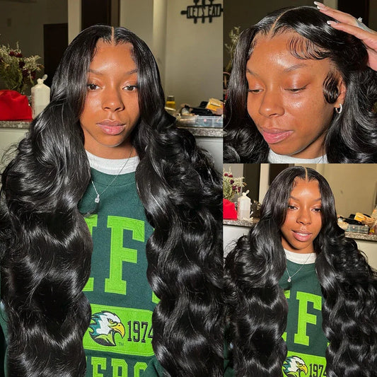 Elegant 13x6 HD lace front wig featuring luxurious body wave curls, made from high-quality Brazilian human hair with a light brown lace complementing all skin tones.