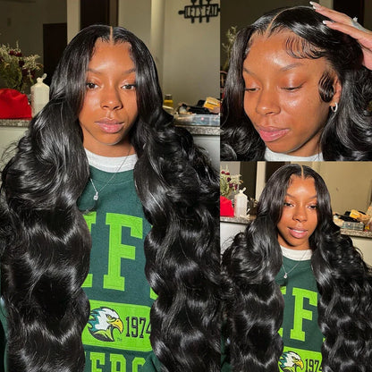 Elegant 13x6 HD lace front wig featuring luxurious body wave curls, made from high-quality Brazilian human hair with a light brown lace complementing all skin tones.
