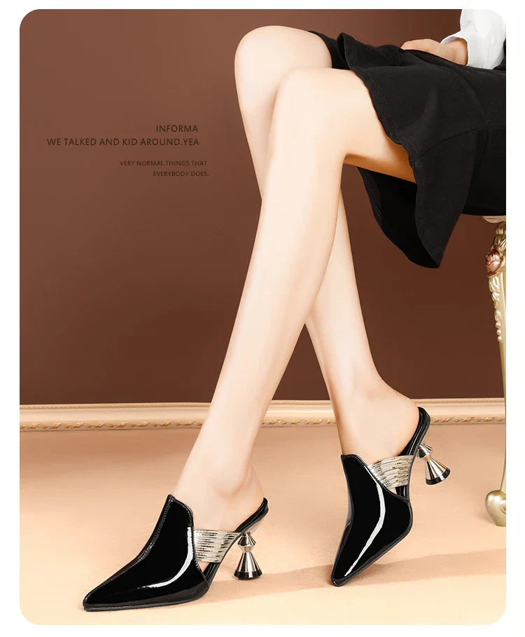 Close-up of luxury women's high heel slippers showcasing the intricate PU upper and plush latex foam insole for enhanced comfort.