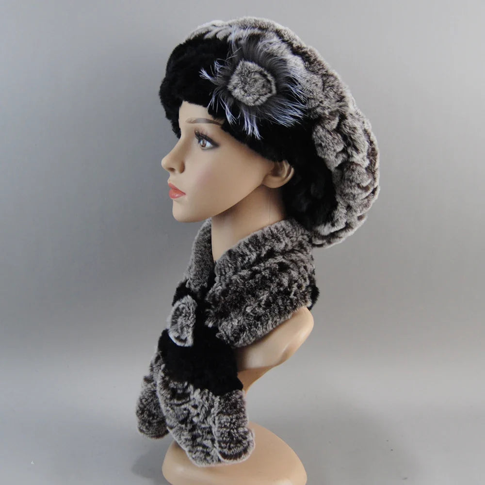 Fashionable knit hat and scarf ensemble for women, made of soft faux fur for warmth and elegance during the winter season.