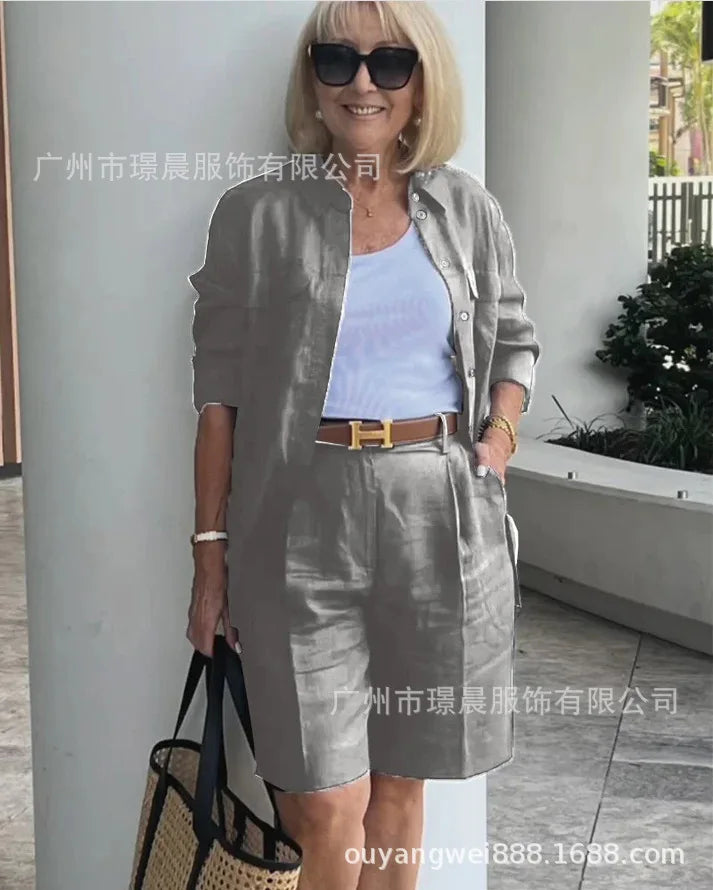 Chic casual outfit featuring a women's cardigan and matching shorts, designed for comfort and sophistication in summer wear.