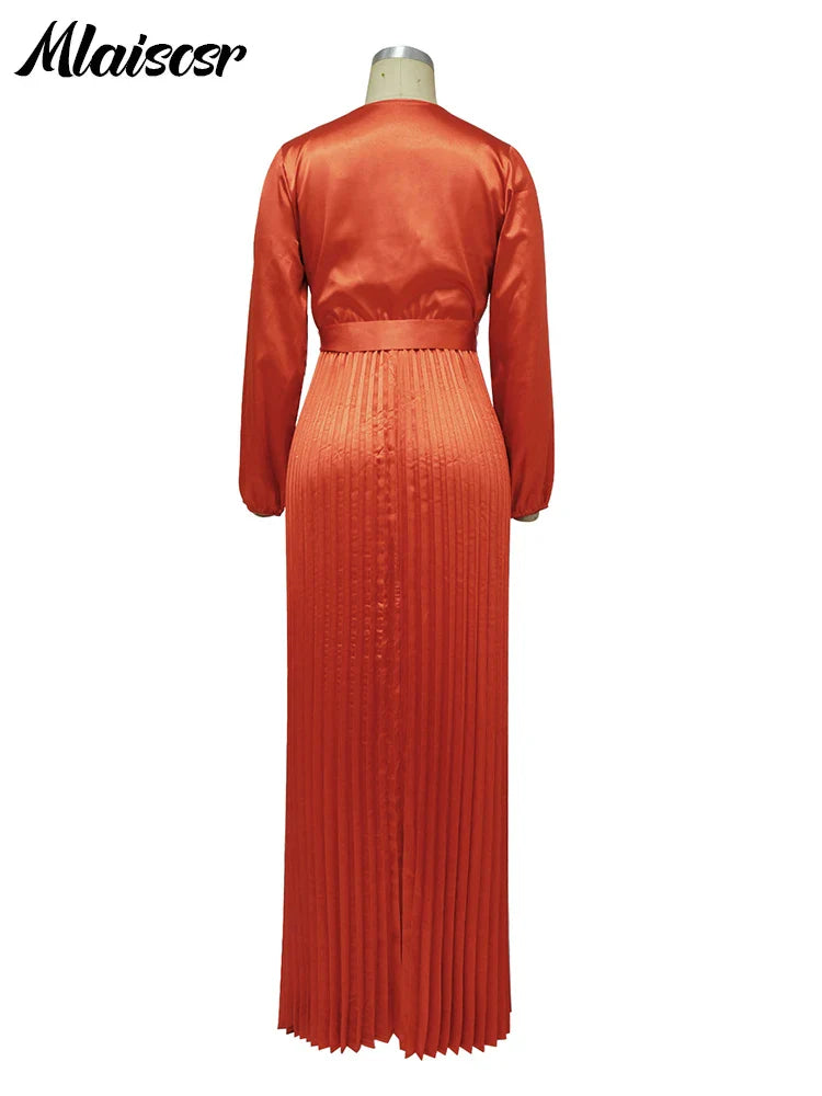 Mlaiscsr Women's Elegant V-Neck Lantern Sleeve Floor-Length Dress, showcasing luxurious pleats and an A-line silhouette, perfect for weddings and parties.