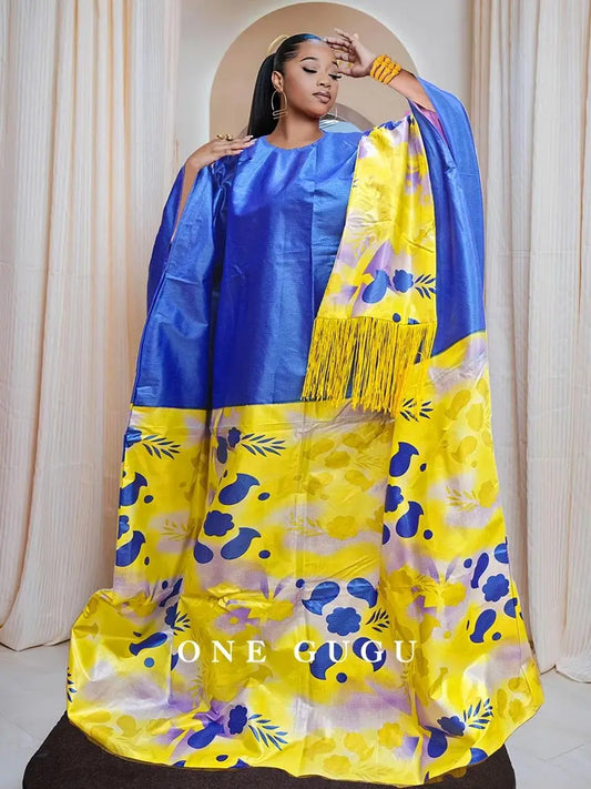 Luxury African Dashiki wedding dress in vibrant blue Bazin Riche fabric, complemented by a stunning tassel shawl for women, perfect for elegant occasions.