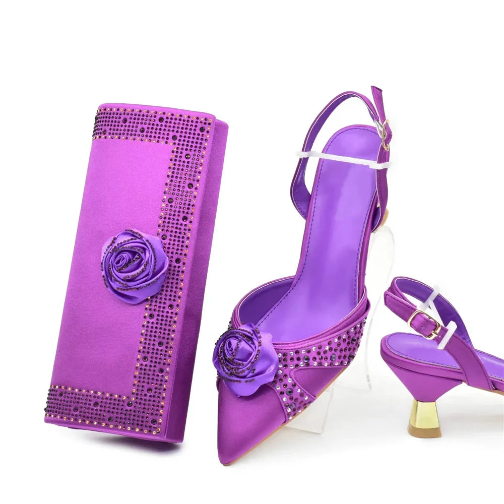 Elegant women’s Italian shoe and bag set showcasing handmade floral decorations, available in luxurious gold and other elegant colours, perfect for parties and special occasions.