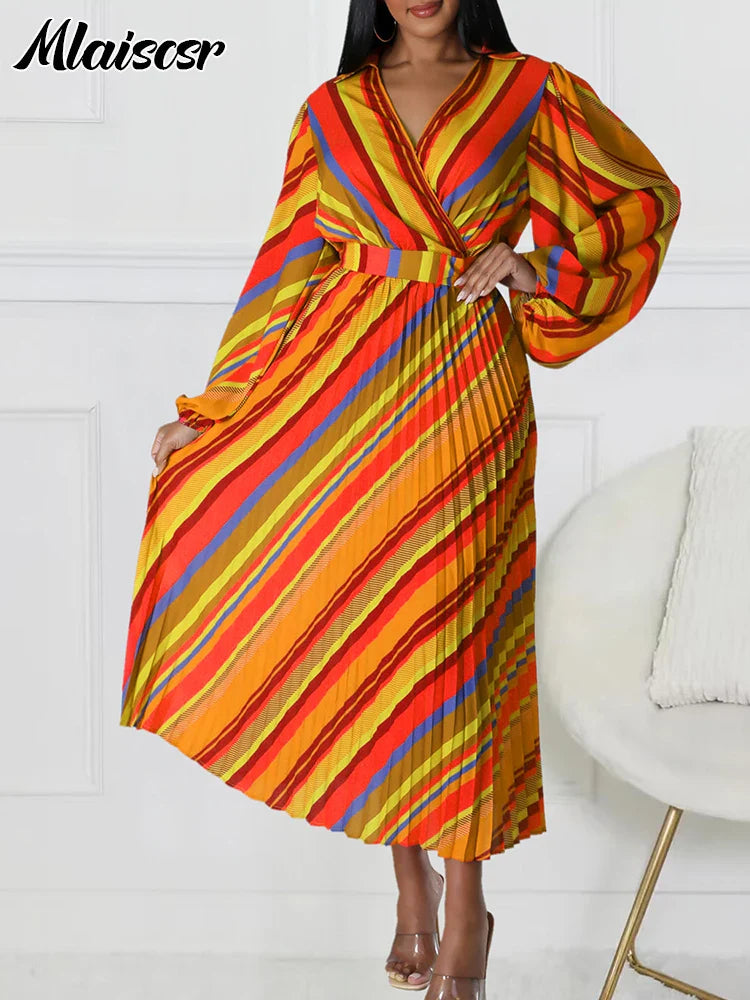 Mlaiscsr Striped V Neck Long Sleeve Pleated Midi Dress for Women in Elegant Bohemian Style, showcasing a luxurious high-waisted silhouette, perfect for autumn and winter occasions.