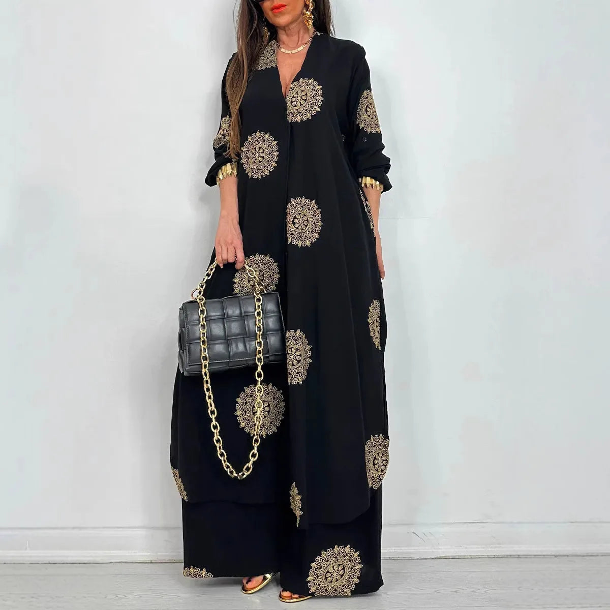 Wide leg pants from the elegant women's vintage robe set, showcasing high waist design and exquisite print patterns for a stylish appearance.