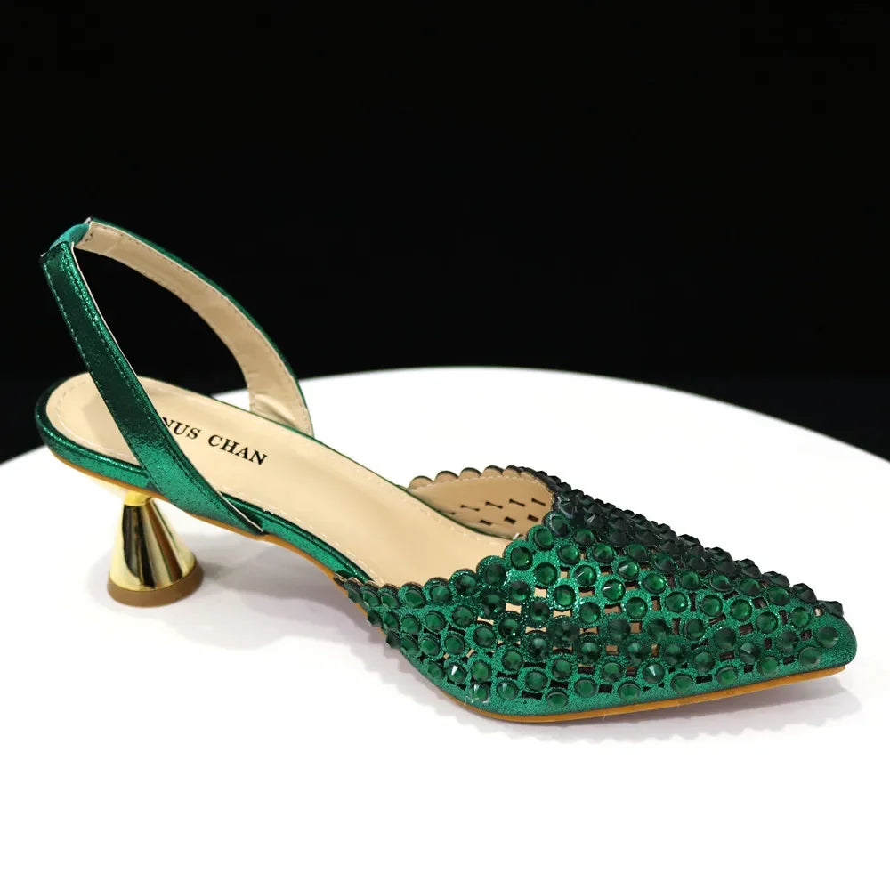 Luxurious Venus Chan Green Diamond Pointed Toe High Heels showcasing a stunning design with crystal embellishments, perfect for elegant women's occasions.