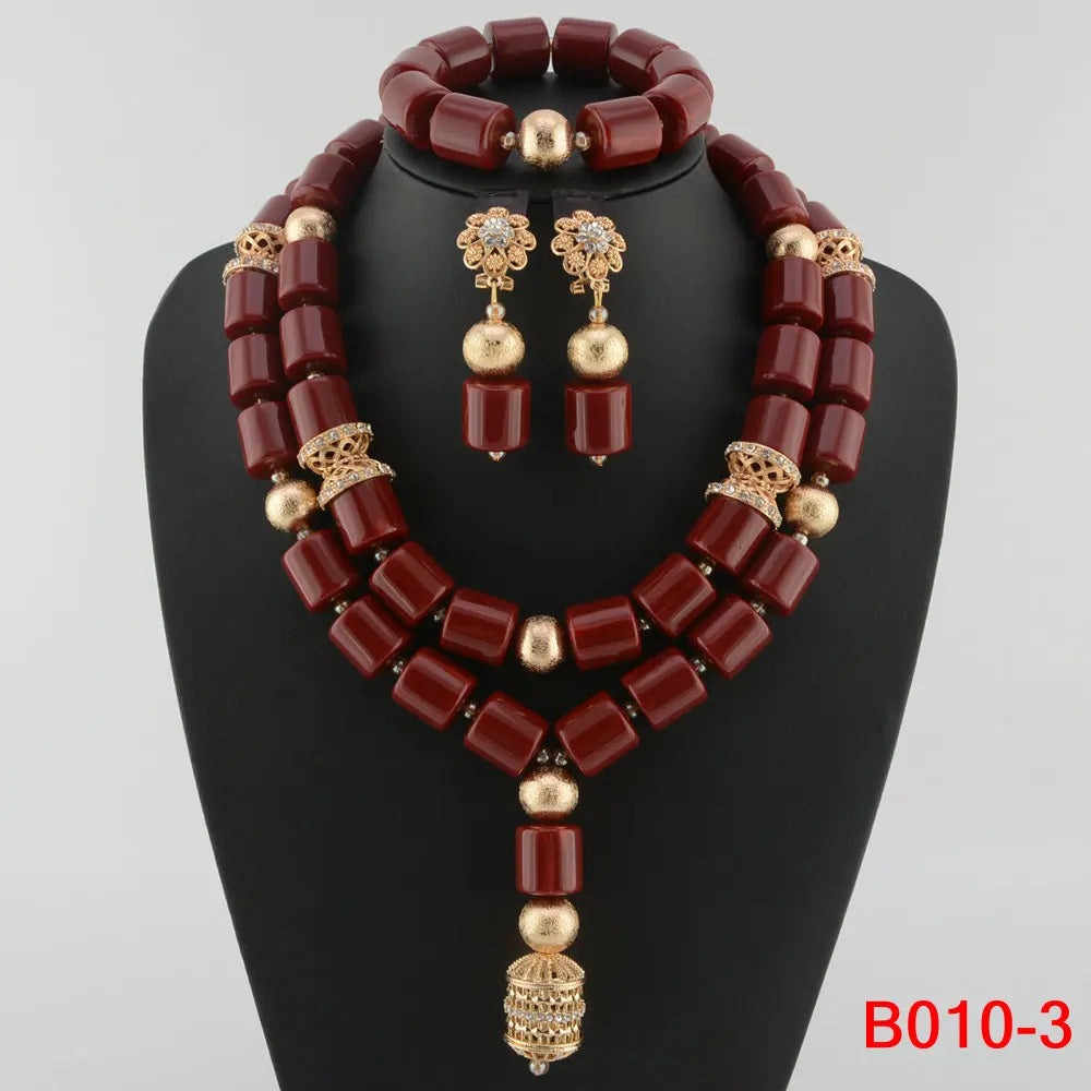 Stylish display of a complete elegant African resin beads jewelry set, including a necklace, earrings, and bracelet, perfect for weddings and special events.