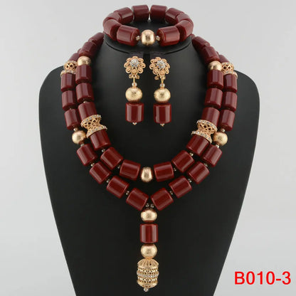 Stylish display of a complete elegant African resin beads jewelry set, including a necklace, earrings, and bracelet, perfect for weddings and special events.