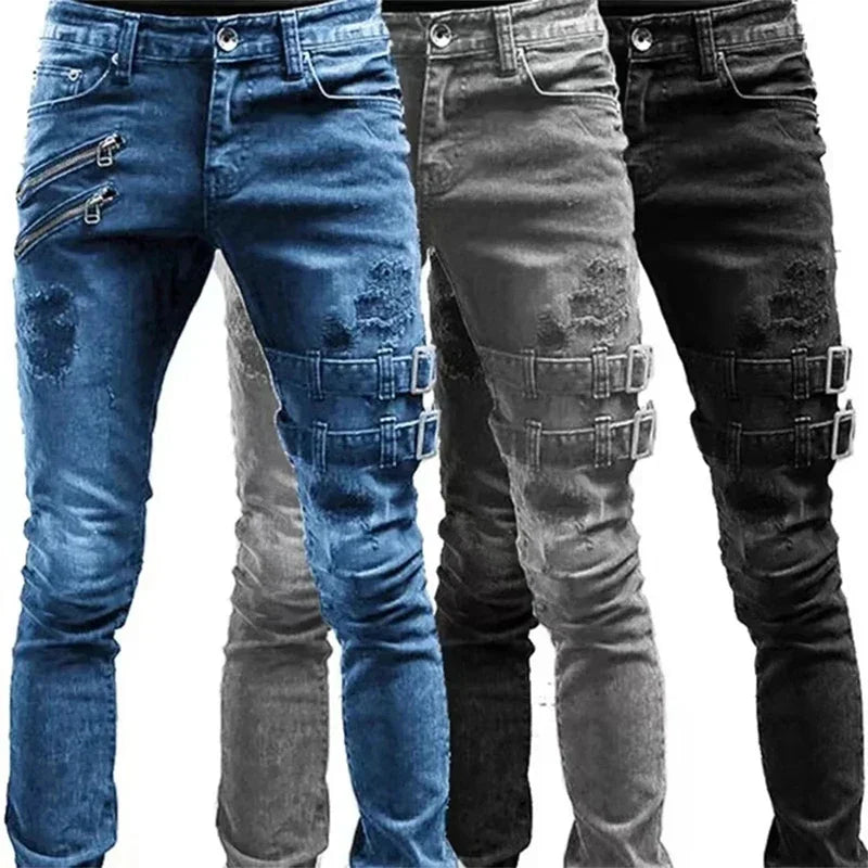 Luxury Men's Slim Fit Skinny Ripped Denim Pencil Pants in Casual Mid Waist Stonewashed Style, crafted from premium denim for a refined look.