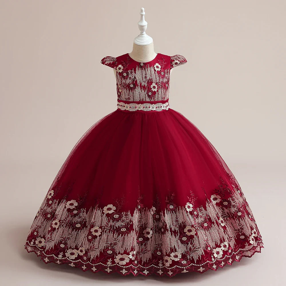 Charming floral embroidered girls' dress showcasing a ball gown style, ideal for birthday parties and first communions.