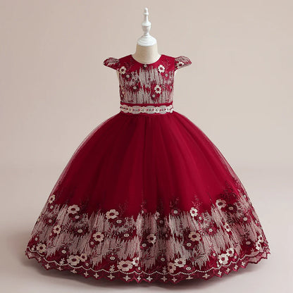 Charming floral embroidered girls' dress showcasing a ball gown style, ideal for birthday parties and first communions.