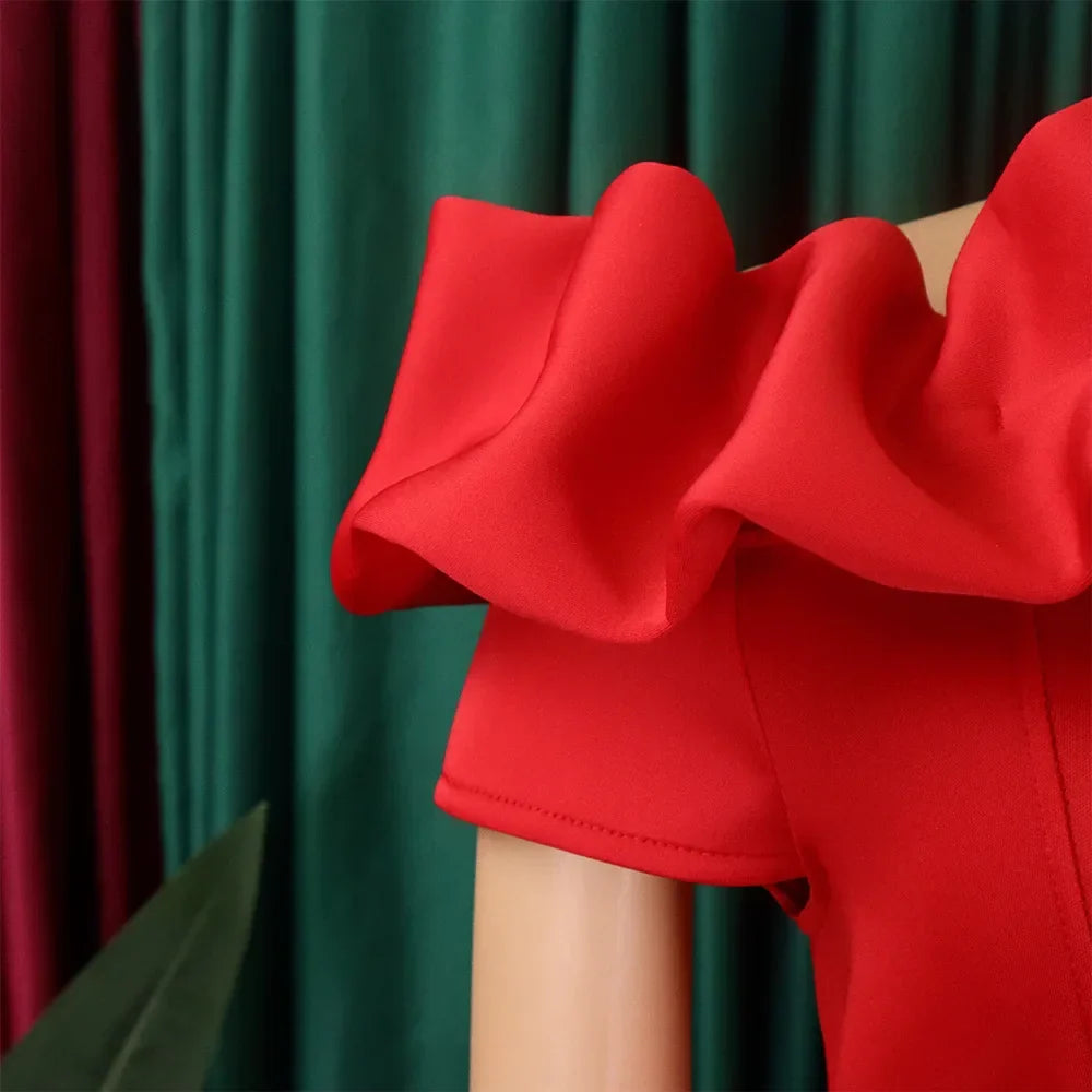 Back view of an elegant off-shoulder mermaid dress, illustrating its sleek fit and chic design, tailored for women who embrace high-fashion trends.