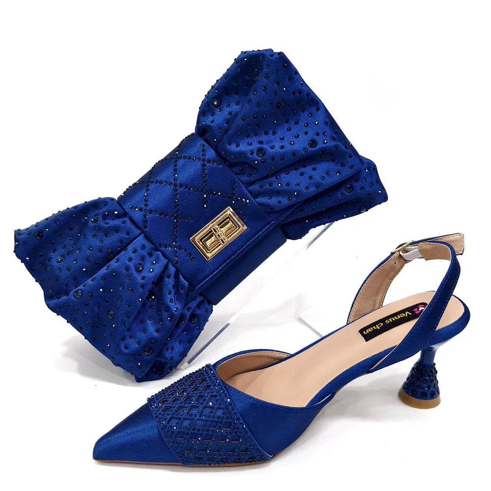 Chic handbag paired with elegant heeled shoes, showcasing exquisite craftsmanship suitable for weddings and parties.