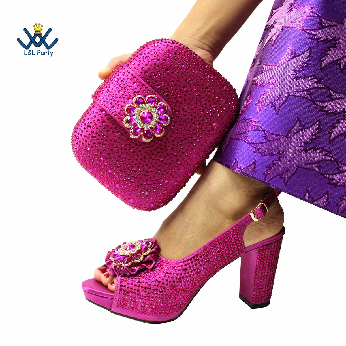 Close-up view of the stunning crystal detail on luxury magenta peep toe party pumps, showcasing their glamorous appeal.