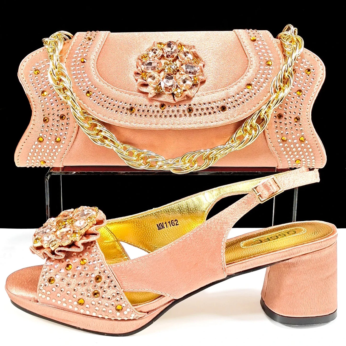Queena Yan elegant peep-toe heels in peach with rhinestone embellishments, perfect for women sizes 38-43, ideal for wedding parties