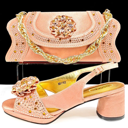Queena Yan elegant peep-toe heels in peach with rhinestone embellishments, perfect for women sizes 38-43, ideal for wedding parties