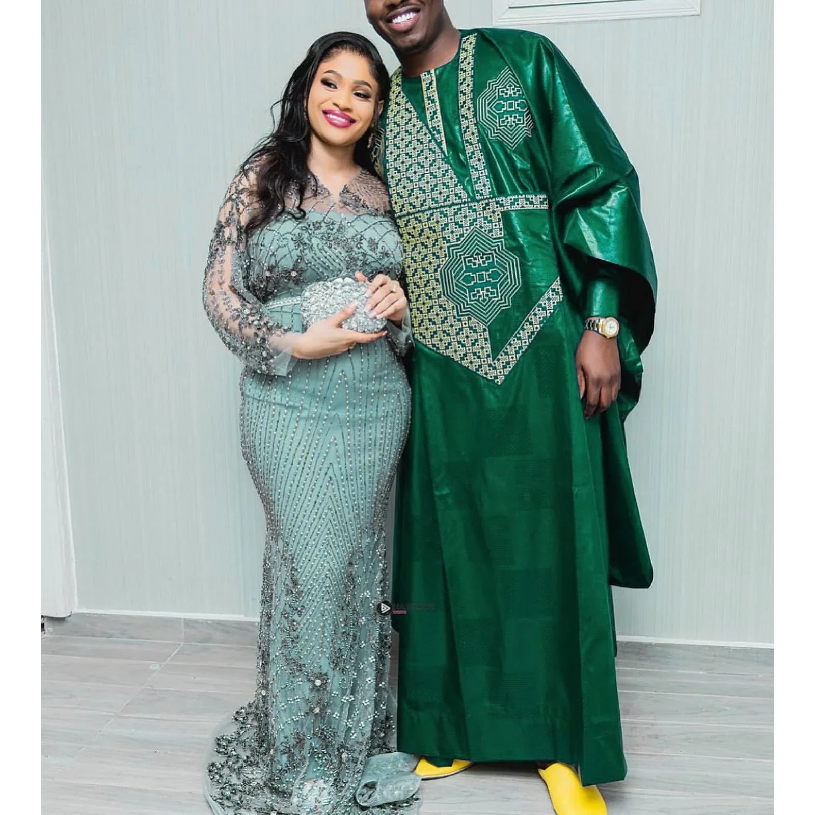 Stylishly presented African men's clothing outfit, highlighting the rich textures and unique design elements of traditional Dashiki.