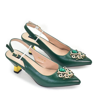 Stylish Italian heeled pumps for women with a thin heel and crystal accents, perfect for adding a touch of elegance to evening attire.