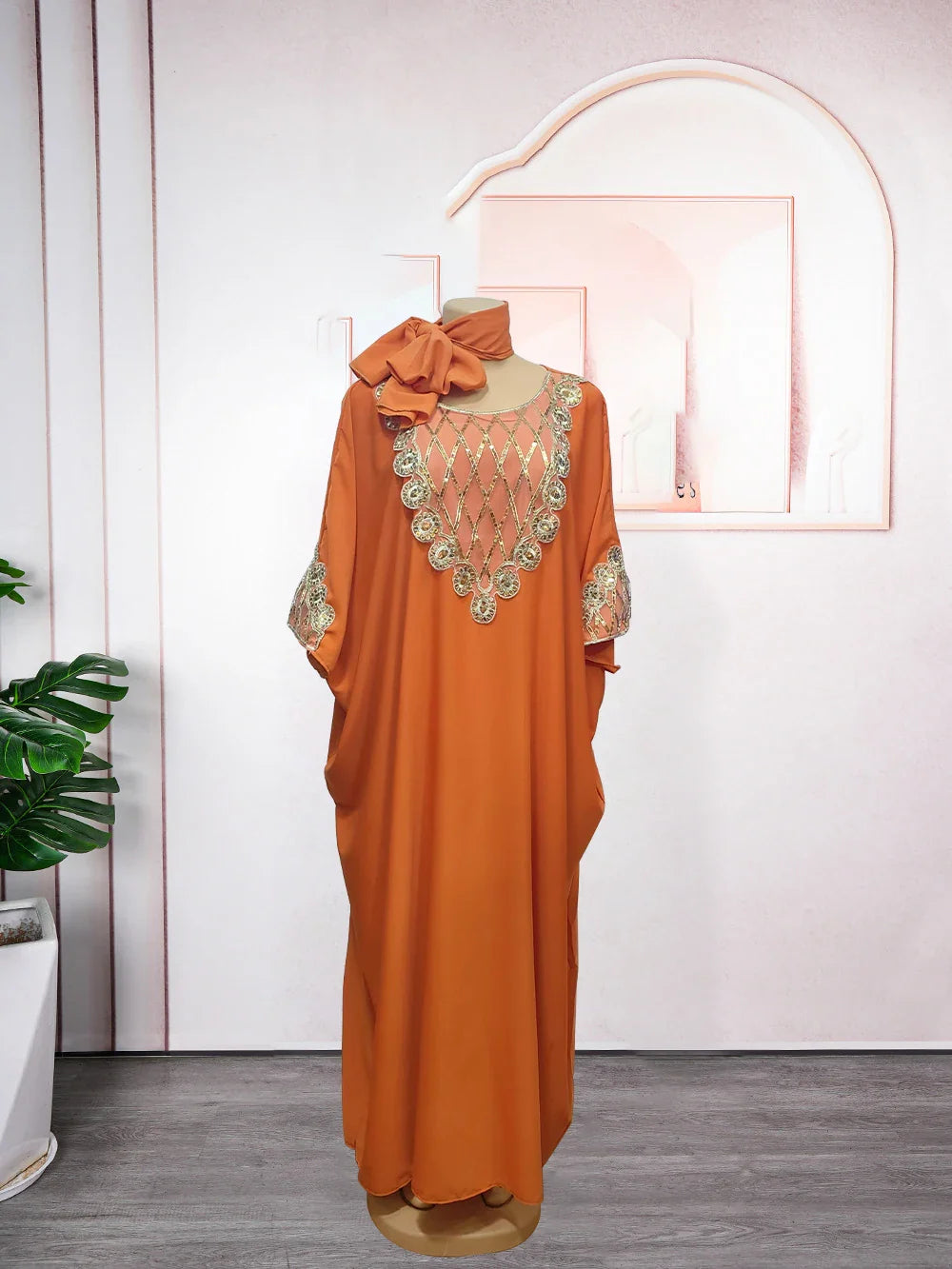 Elegant polyester caftan dress with intricate weaving, embodying traditional African clothing style, ideal for sophisticated events.