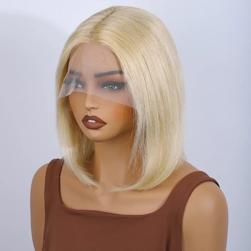 Close-up detail of luxury lace bob wig, highlighting the quality of Remy human hair and transparent lace finish.