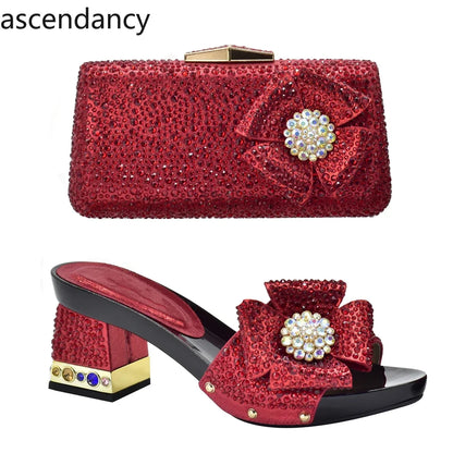 Luxury women's Italian shoes and matching handbag set, featuring elegant high heel slingbacks adorned with exquisite crystal accents, available in sizes 37-43.